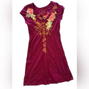 Johnny Was Embroidered V Neck Mini Dress Purple Burgundy Floral Cotton Size XS